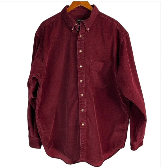 EDDIE BAUER Mens Burgundy Corduroy Herringbone Button Down Shirt Size XL Tall - Picture 2 of 13